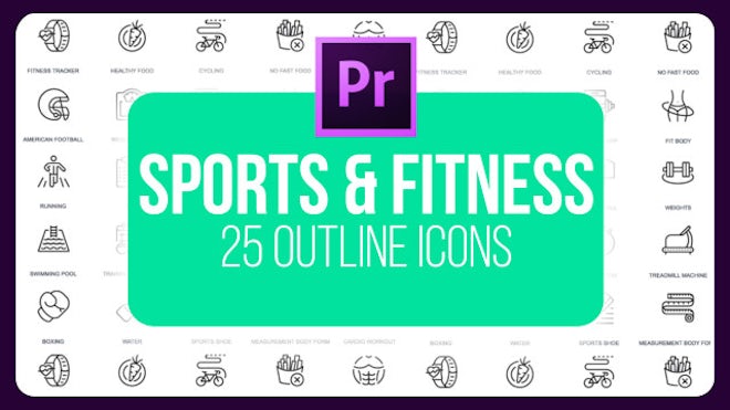 Sports And Fitness 25 Outline Icons Motion Graphics
