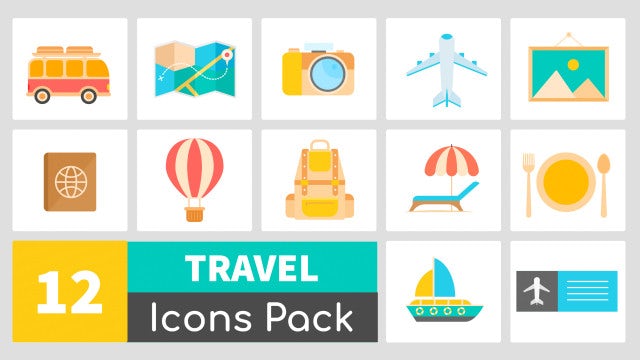 12 Animated Travel Icons Pack: Stock Motion Graphics