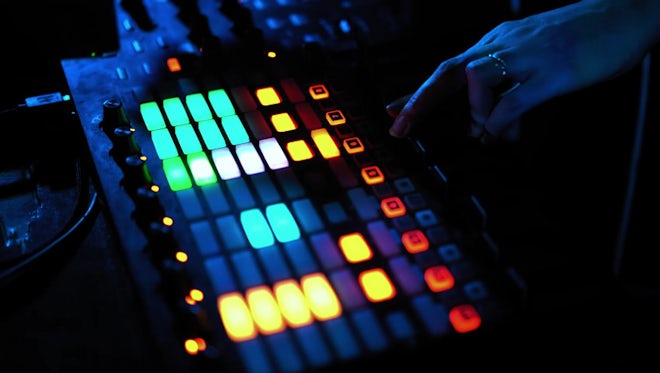 Girl DJ Clicking Mixing Console: Stock Video